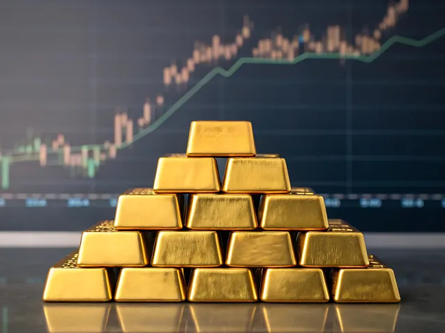 gold bar pyramid with gold price data background